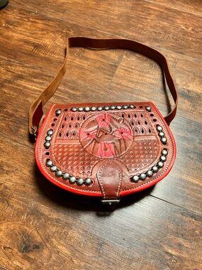 Handcrafted Red tooled Leather Crossbody Bag with Stud Detail